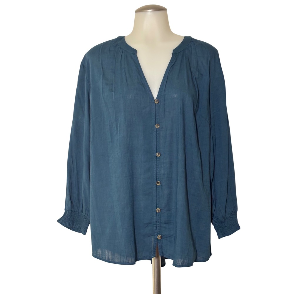 Sonoma Blouse Women XL Blue Boho V-Neck Elastic Cuff Cotton Blend NWT
